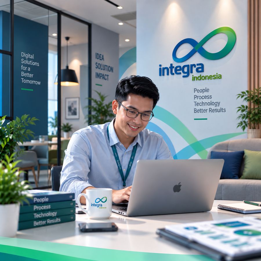 Profesional Integra bekerja dengan laptop di kantor